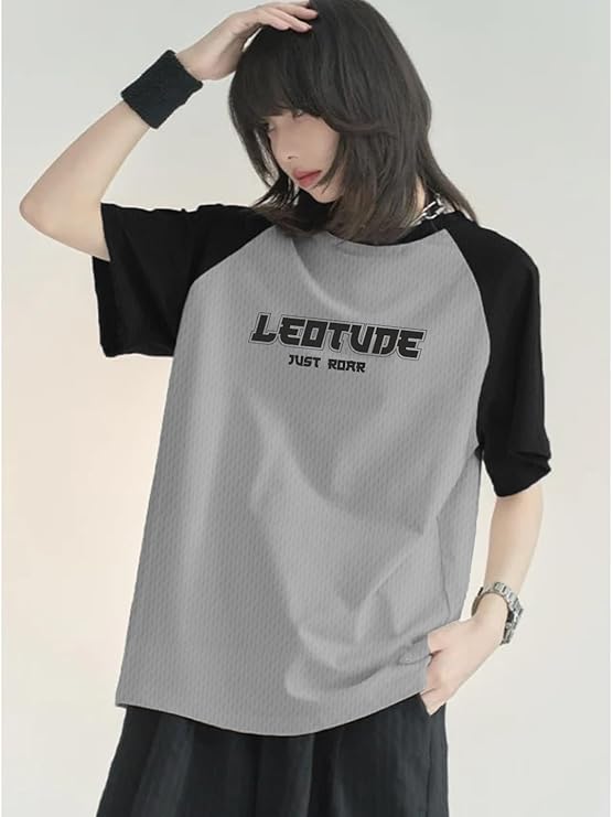 LEOVIA Women's Half Sleeve Round Neck Oversized Longline Printed Multicolor Drop Shoulder Top Grey