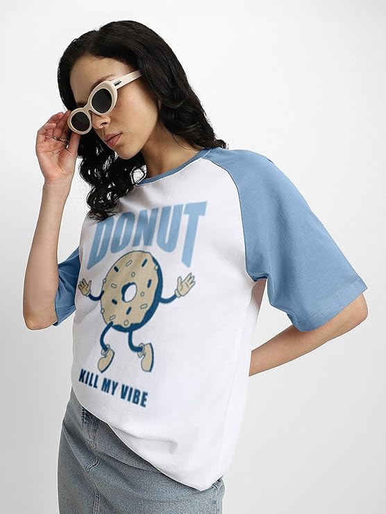 JOVABELLE® 100% Cotton Oversized Drop Shoulder Graphic Raglan Boyfriend T-Shirt for Women S-2XL