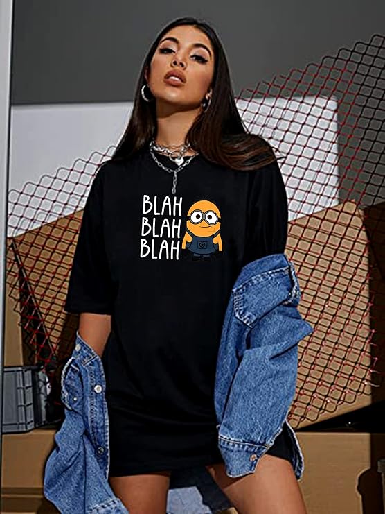 MiraTees Women's Pure Cotton Oversized Black T-Shirt, Casual Printed Baggy Round Neck, S-XL