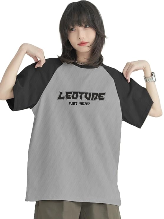 LEOVIA Women's Half Sleeve Round Neck Oversized Longline Printed Multicolor Drop Shoulder Top Grey