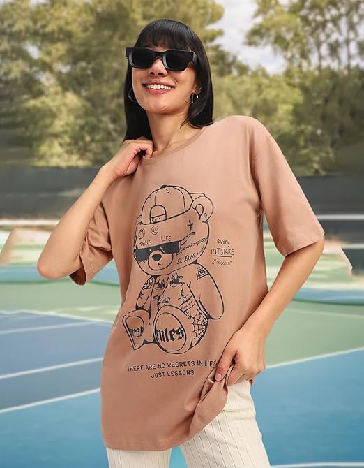 Junevale® 100% Cotton Oversized Loose Baggy Half Sleeve Round Neck Cool Teddy Print T-Shirt for Women & Girls S-2XL