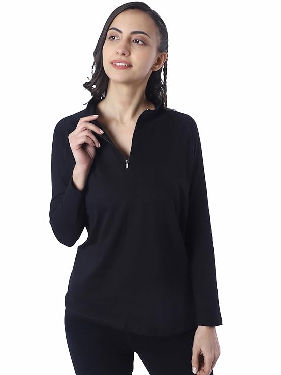 Luxe Haven Women's Cotton Regular Fit Full Sleeve Zipper T-Shirt Comfortable Daily Wear