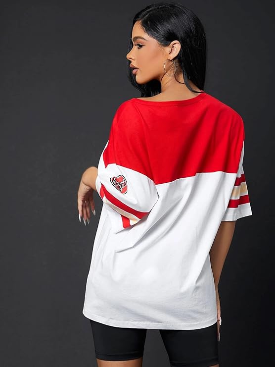 Pure Cotton White & Red Oversized Baggy Fit V-Neck Jersey Front Printed Half Sleeve T-Shirt for Women