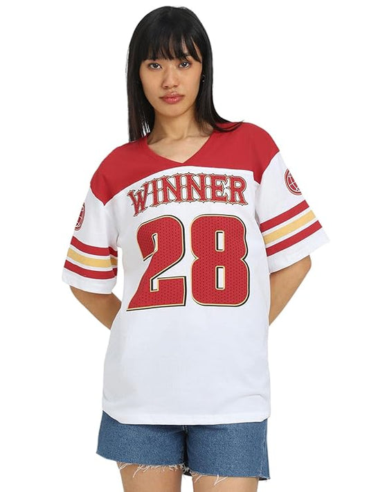 Pure Cotton White & Red Oversized Baggy Fit V-Neck Jersey Front Printed Half Sleeve T-Shirt for Women