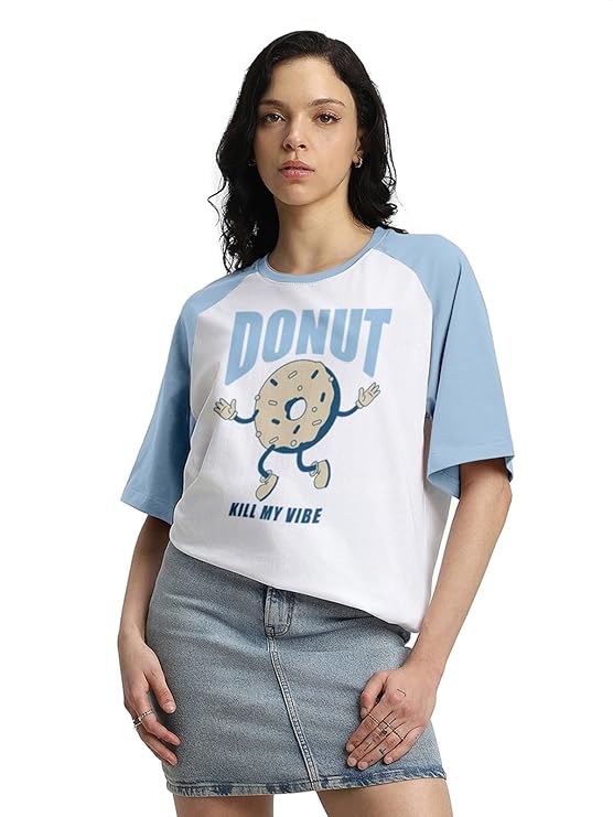 JOVABELLE® 100% Cotton Oversized Drop Shoulder Graphic Raglan Boyfriend T-Shirt for Women S-2XL