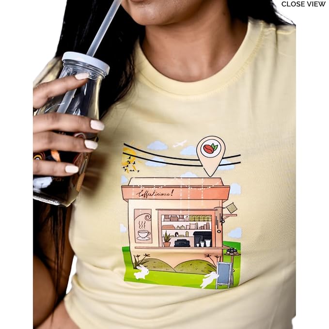 Stellar Nova Women’s Graphic Cotton Casual Crop Top Slim Fit Round Neck Short Sleeve T-Shirt – Beige