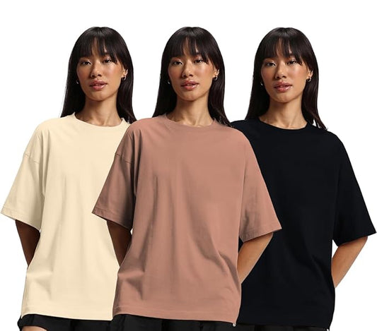 JOVIBERRY® 100% Cotton Oversized Drop Shoulder Half Sleeve Plain Round Neck Multicolor T-Shirt Set for Women & Girls (3 Pack, S-2XL)