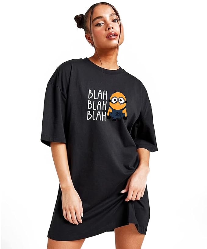 MiraTees Women's Pure Cotton Oversized Black T-Shirt, Casual Printed Baggy Round Neck, S-XL