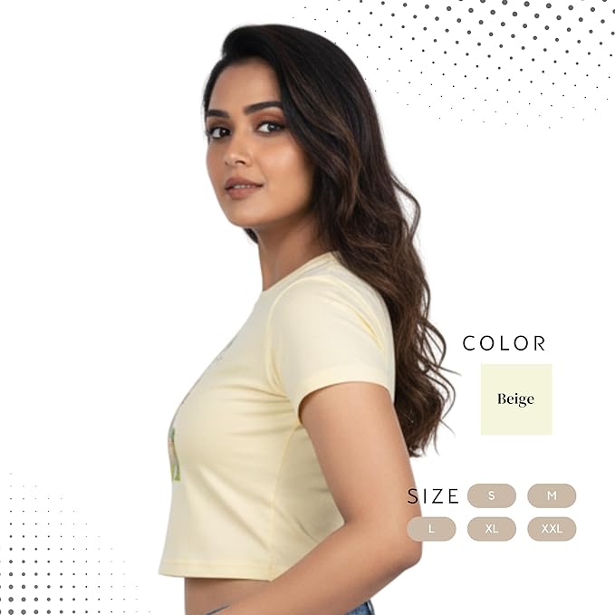 Stellar Nova Women’s Graphic Cotton Casual Crop Top Slim Fit Round Neck Short Sleeve T-Shirt – Beige