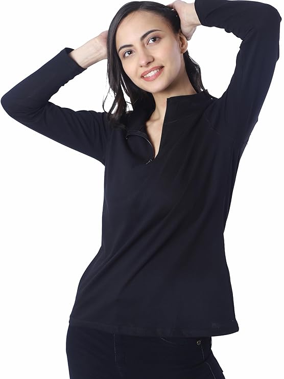 Luxe Haven Women's Cotton Regular Fit Full Sleeve Zipper T-Shirt Comfortable Daily Wear
