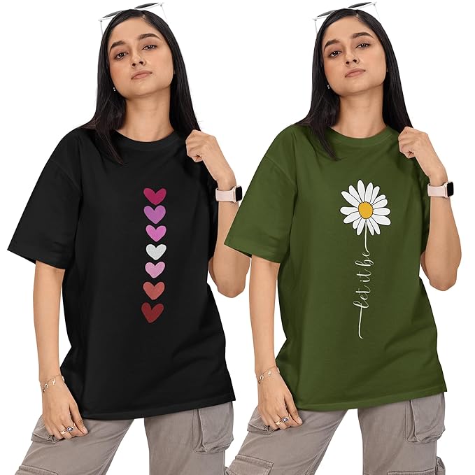 Rivana Women’s 100% Cotton Drop Shoulder Oversized Loose Fit T-Shirts – Combo Pack of 2