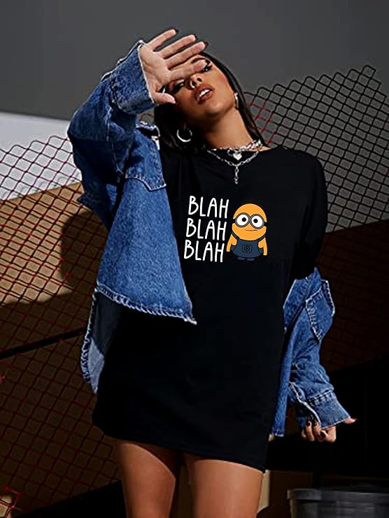 MiraTees Women's Pure Cotton Oversized Black T-Shirt, Casual Printed Baggy Round Neck, S-XL