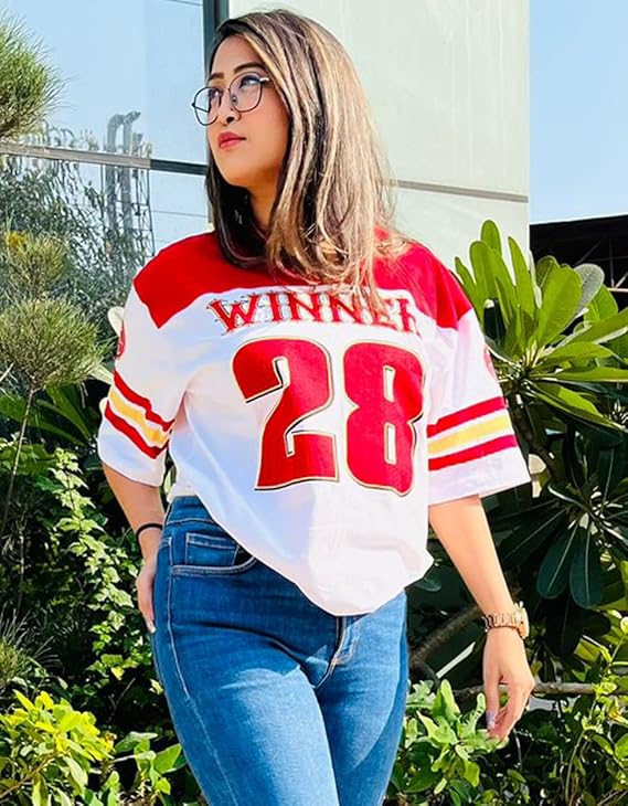 Pure Cotton White & Red Oversized Baggy Fit V-Neck Jersey Front Printed Half Sleeve T-Shirt for Women