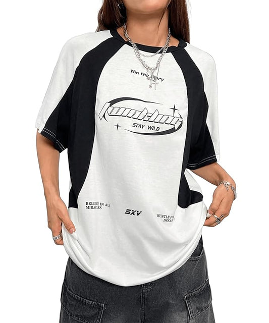 Sovina 'Hustle for The Dream Life' Printed Aesthetic Oversized Baggy Cotton T-Shirt for Women