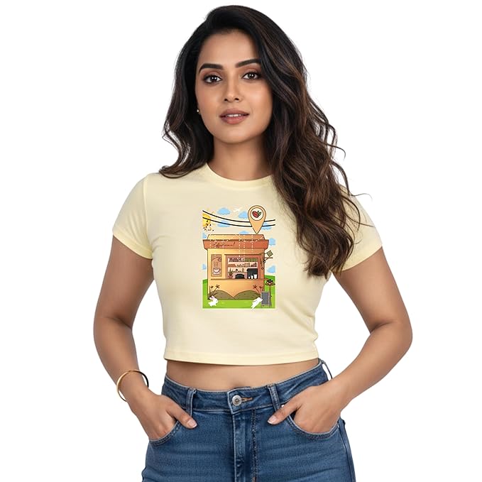 Stellar Nova Women’s Graphic Cotton Casual Crop Top Slim Fit Round Neck Short Sleeve T-Shirt – Beige