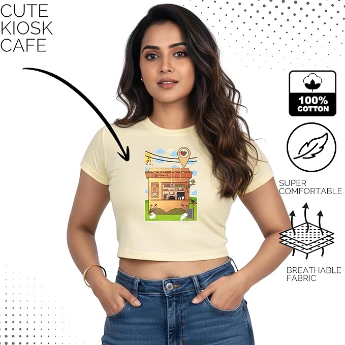 Stellar Nova Women’s Graphic Cotton Casual Crop Top Slim Fit Round Neck Short Sleeve T-Shirt – Beige